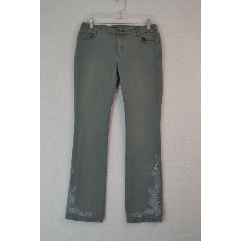 Soft Surroundings Women's 4 Green Embroidered Mid Rise Straight Leg Pants